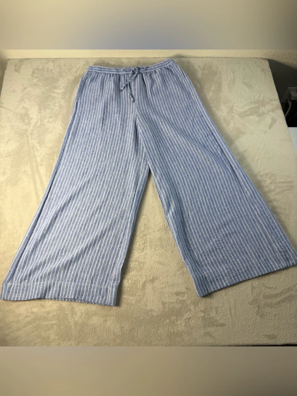 Max Studio London Womens Wide Leg Trousers L Blue White Striped Drawstring